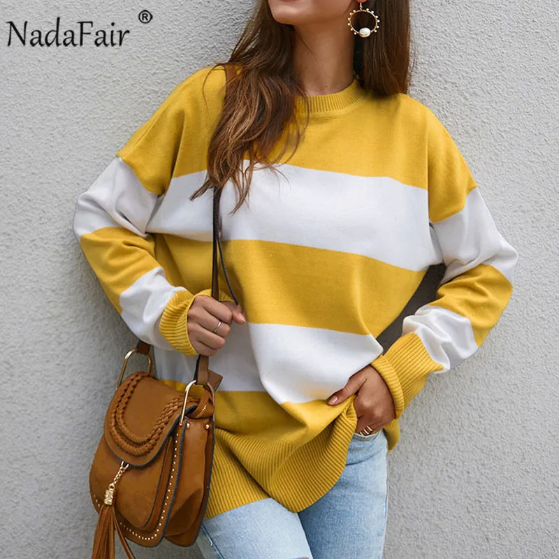 

Nadafair Striped Patchwork Korean Casual Jumper Women O Neck Autumn Winter Knitted Sweater Loose Pullover Tops Pull Femme
