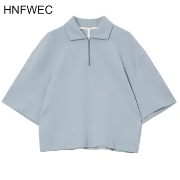 

Spring Summer 2020 Women Blue Solid Color Brief Temperament T-shirt New Lapel Half Sleeve Fashion Tide V824