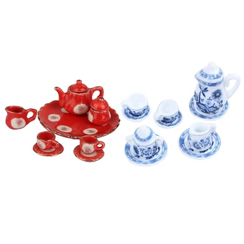 

2 Set Cute 1:12 Dollhouse Miniature Toy: 1 Set 8 Pcs Red British Tea Set & 1 Set 17 Pcs Blue Flower Porcelaine Tea Set