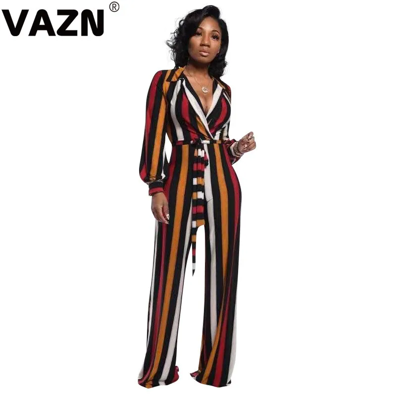 VAZN Hot Georgette Jumpsuits Office Daily Untidy Fashion Classic Striped Full Sleeve High Waist Lace Up Wide Leg Jumpsuits