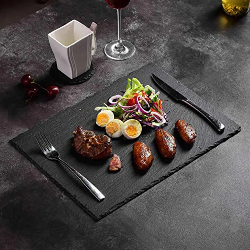 Natural Black Square Stone Slate Dishes Coaster Solid Sushi Steak Barbecue Plate Cheese Pizza Dessert Cake Fruit Dish Tray dining dish