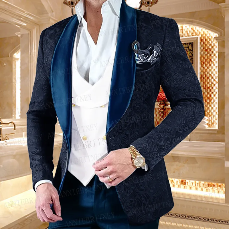 New Luxury Men Wedding Suits Pink 3 Pieces Groom Suit Dress Tuxedo Slim fit Jacquard Blazer Double Breasted Vest Pant Set