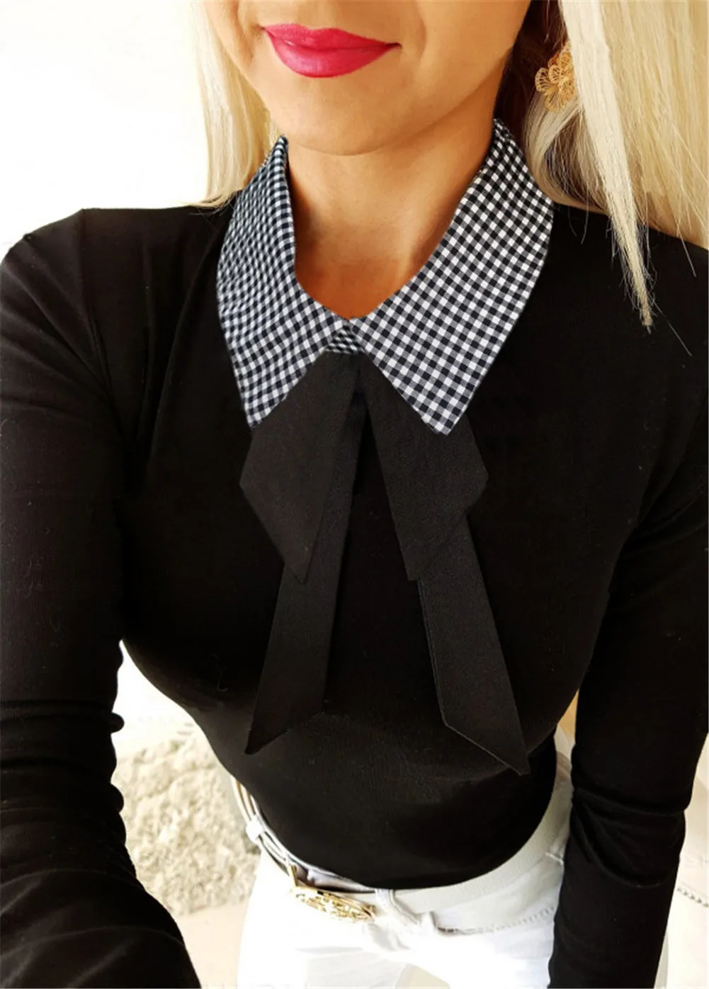 Women Fashion Bowtie Turn-down Collar Long Sleeve Flannel Pullovers Casual Long Sleeve Tee Tops Black White Gray