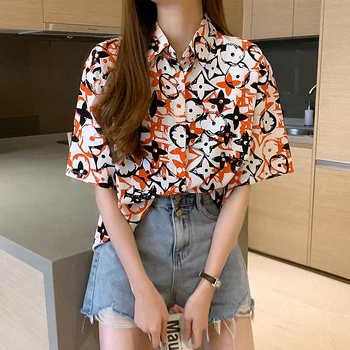 

Womens Fashion Graffiti Blouse Kawaii Print Loose Shirt Harajuku Girls Lapel Blouse Korean Vogue Button Plus Size Short Sleeve