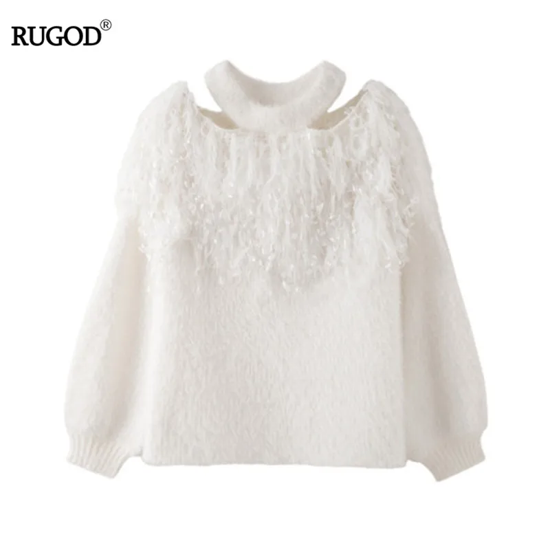 

RUGOD Halter Neck White Solid Tassel Sweater Women Off Shoulder Knitted Sweaters Sweet Gril Women Pullover 2019 Winter