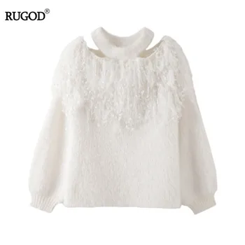 

RUGOD Halter Neck White Solid Tassel Sweater Women Off Shoulder Knitted Sweaters Sweet Gril Women Pullover 2019 Winter