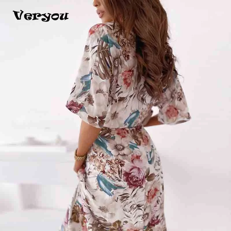 

2021 Women Vintage Party Dress 2021 Spring High Waist Lace-up Bow Long Dress Summer V-neck Short Sleeve Print A-Line Dress Women