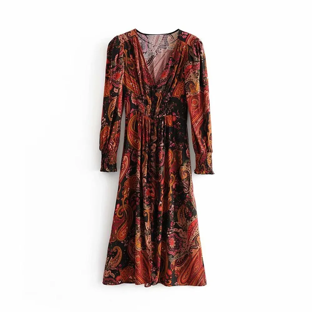 Женское платье миди с длинным рукавом V образным вырезом и помпонами|Платья| |