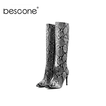 

BESCONE Women Over The Knee Boots Sexy Pointed Toe Winter Handmade Super High Heel Shoes Snake Pattern Zipper Ladies Boots BY180