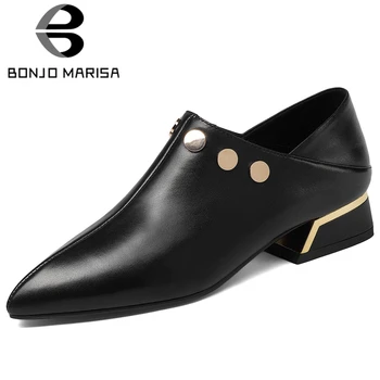

BONJOMARISA Classic Female Spring Pumps Pointed Toe Solid Ofice Square Heel Genuine Leather Pumps Women Spring Shoes Woman