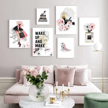 

Pink Flowe Fashion Lady Canvas Posterr Perfume Bottle Beauty Girl Paintings Lips High Heels Makeup Modern Wall Prints