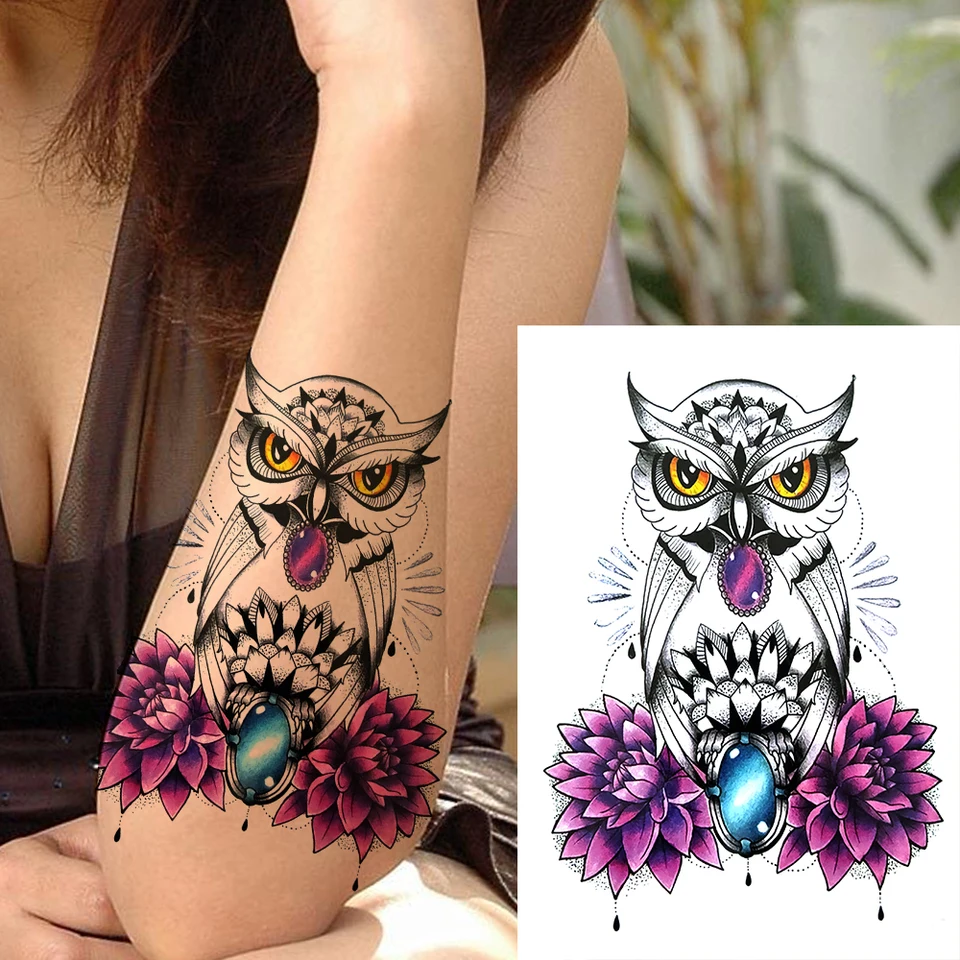 Geometric Hummingbirds Temporary Tattoos For Women Adult Purple Flower Bird Owl  Tattoo Sticker Fake Diamond Black Jewelry Tatoo - AliExpress, image size:960x960