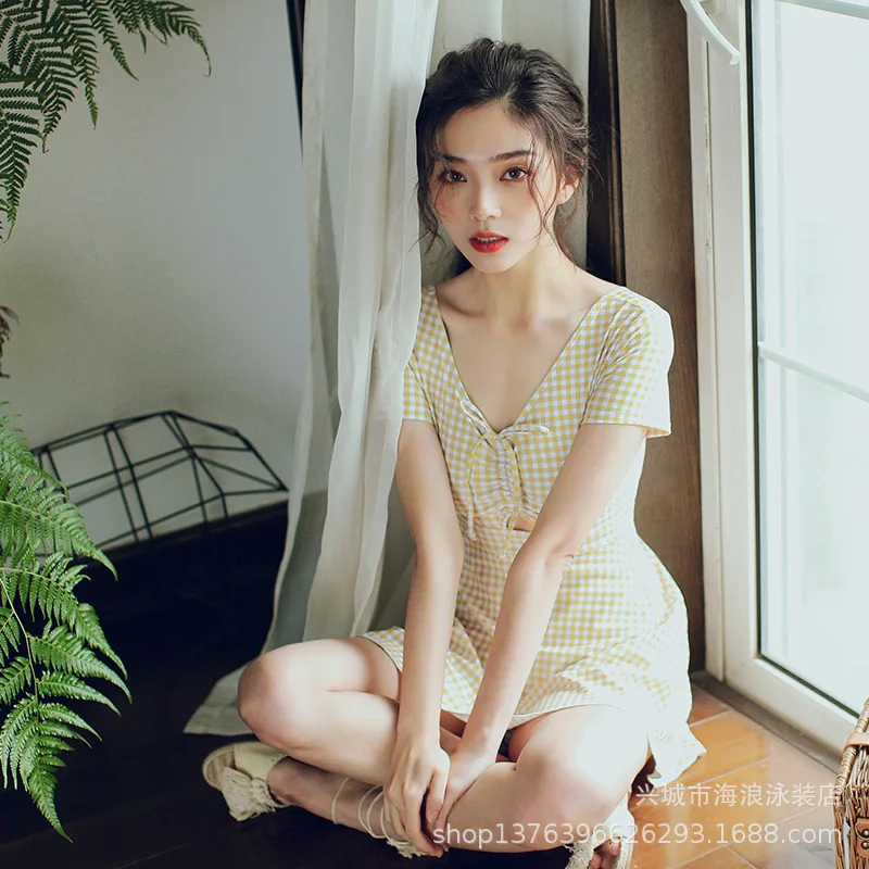 

2019 Japanese Korean New Style Hot Springs Bathing Suit Hipster Girly Style Grid Dress-CONSERVATIVE WOMEN'S Swimsuit