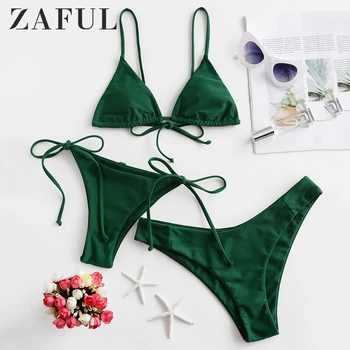 

ZAFUL Cami Padded Three Pieces Bikini Swimsuit For Women Low Waisted Triangle Bikini Sets Solid Padded Swimwear 2020 Fashion