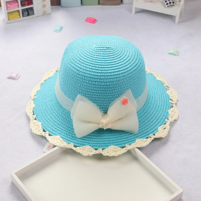 blue white Детская летняя соломенная шляпа с бантом, новая модная защита от солнечных лучей на пляже, Солнцезащитная шляпа для девочек, детская пляжная кепка для малышей sH66 - Цвет: blue white