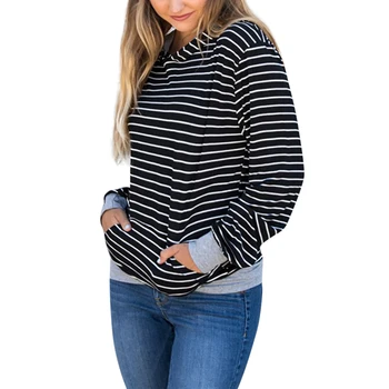

Striped casual sweatershirt Autumn Women Striped Print Hoodie Sweatshirts With Pocket Long Sleeve Casual Tops Outerwear