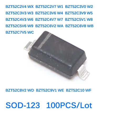 100 Pz/Lotto Bzt52C2V4 Wx Bzt52C2V7 W1 Ww2 Bzt52C3V3 W3 Bzt52C3V6 W4 Bzt52C3V9 W5 Bzt52C4V3 W6 Smd Diodo Zener Sod-123