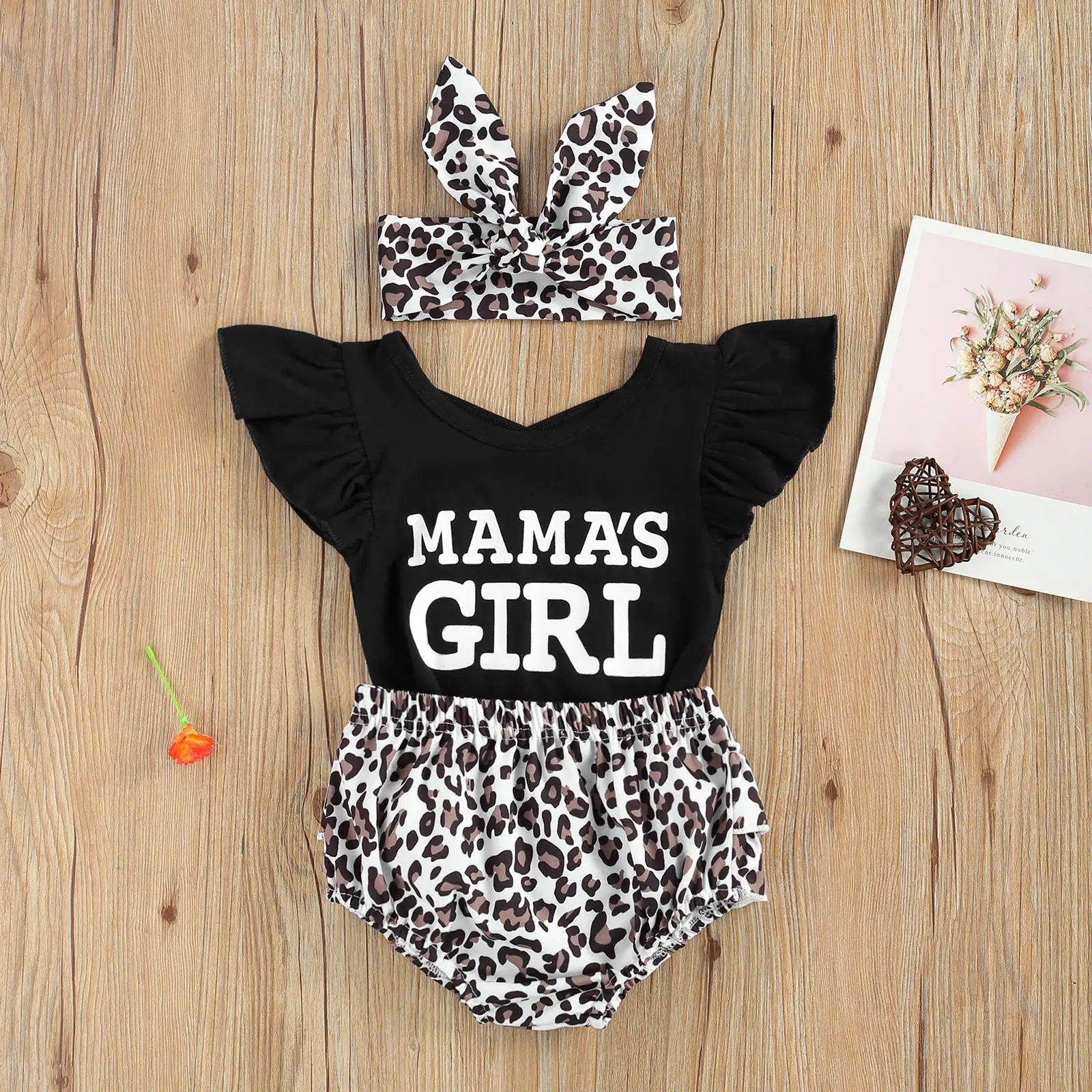 

Pudcoco Newborn Baby Girl Clothes Summer Fly Sleeve Letter Print Romper Tops Leopard Ruffle Bloomers Headband 3Pcs Outfits Baby