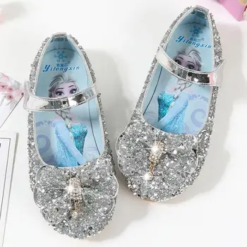 

New Princess Elsa Kids Leather Shoes For Girls Bow Casual Glitter Children Girls Shoes Butterfly Knot Soft Cartoon Sneakers