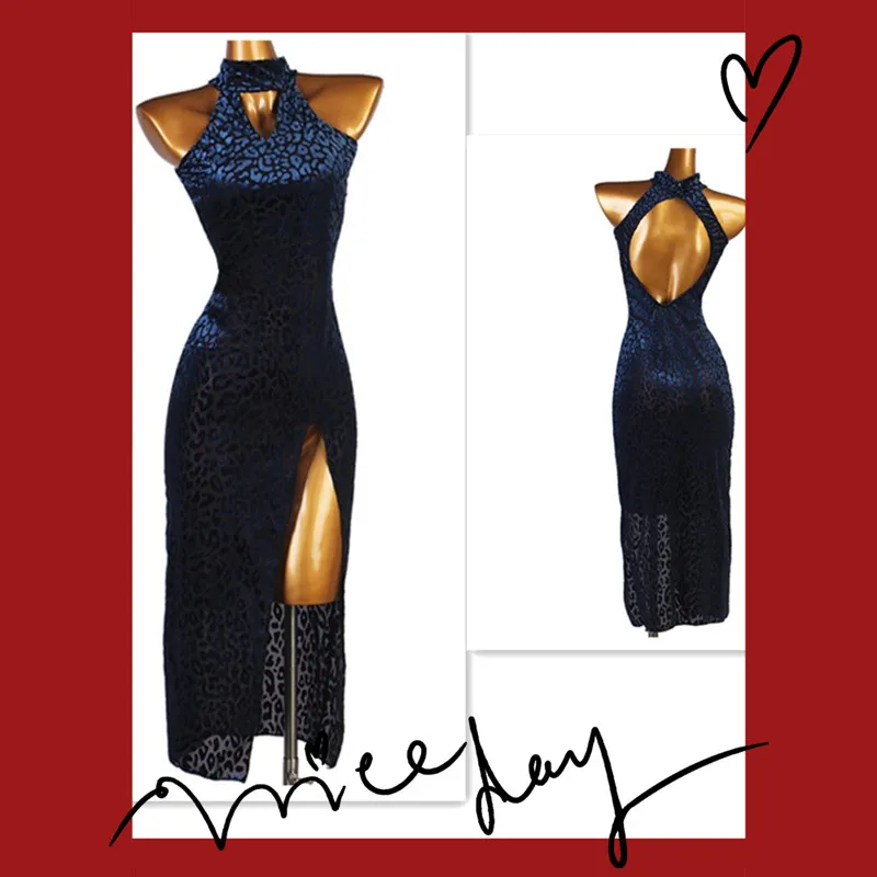 

Длинное голубое леопардовое Сексуальное Женское Платье для латинских танцев, женское платье для танцев, платье для танго Фламенго, синие платья для латинских танцев Rumba ChaCha, lq227