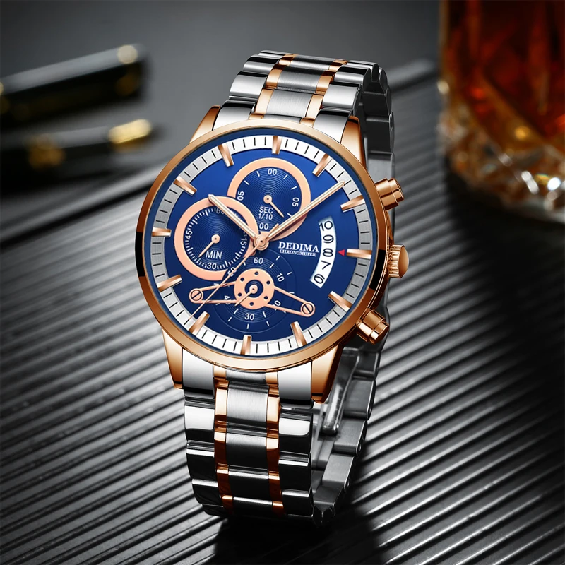 DEDIMA  Fashion Mens Watches Top Brand Luxury Wrist Watch Quartz Clock Gold Watch Men Waterproof Chronograph Relogio Masculino