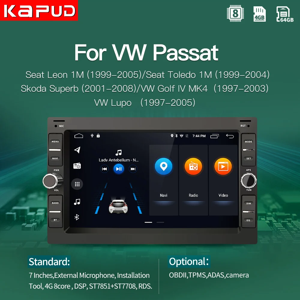 Kapud 7''Car Adnroid 10 Radio Multimedia Player For Volkswagen Passat Seat Leon/Toledo Golf Iv MK4 Skoda Superb Lupo GPS Stereo