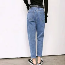 Корейские рваные прямые женские джинсы, винтажные повседневные корейские джинсы с высокой талией, Модные свободные Стрейчевые джинсы Feminino