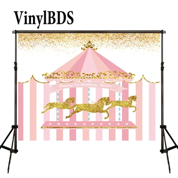 

VinylBDS Pink 1st Birthday Children Backdrops Kids Golden Carousel Photography Backdrop Custom Circus Photo for Newborn Birthday