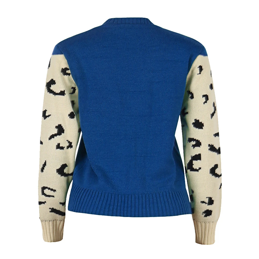 CHAMSGEND Women Patchwork Leopard Knitting Pullover Casual O-Neck Autumn Winter Thick Cashmere Tops Loose Sweater 1001