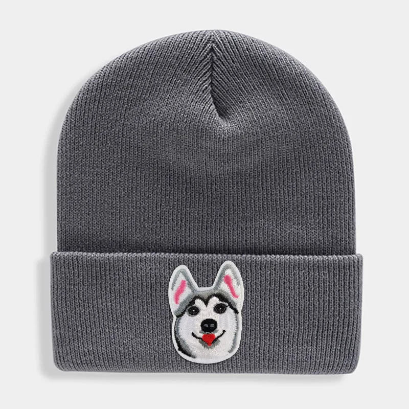 Huskies Hats Fashion Patches Sweet Beanie For Unisex Winter Brimless Stretchy Bonnet Solid Color Outdoor Cap Knitted Beanie - Цвет: Серый