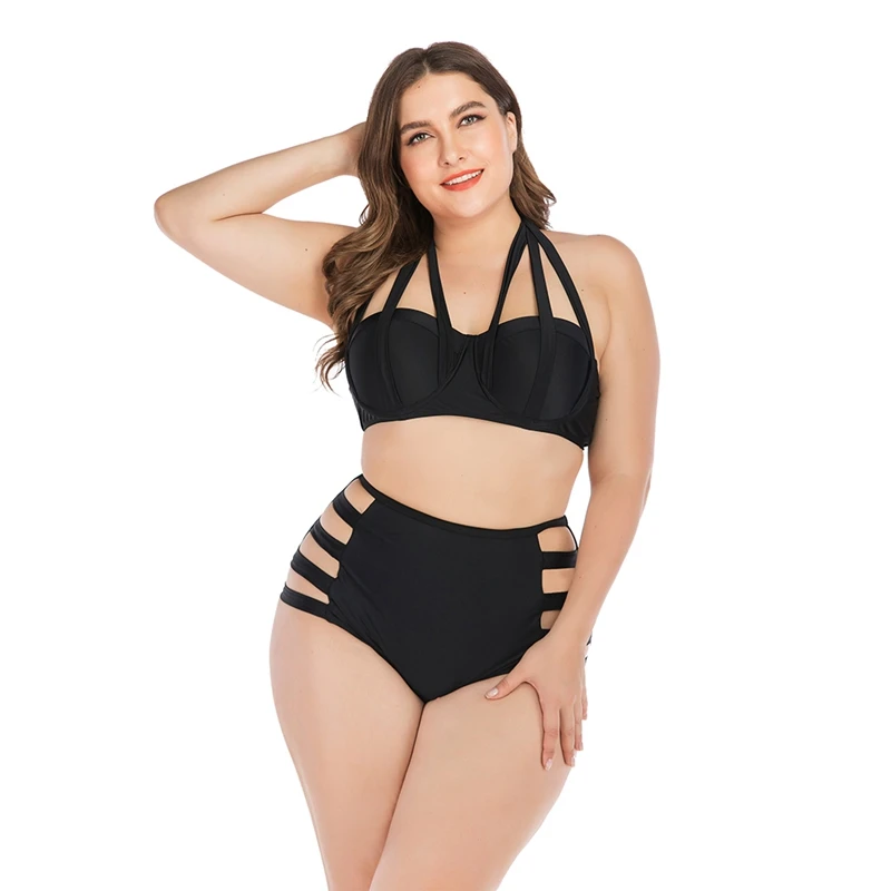 

Women Halter Top High Waist Tankini Hollow-out Bikini Swimwear Lady Underwire Padded Bra Plus Size Swimsuit Beach Suit