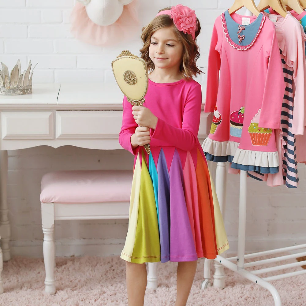 Girls Multi Color A-Line Princess Dress 2020 Spring Baby Kids Children Long Sleeve Soft Cute Pink Party Vestido Clothes For 1-5T