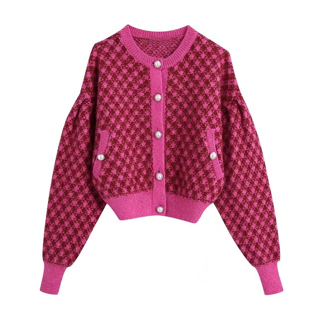 Cropped Women's Sweater Faux Pearl Buttons Sweaters Round Neck Cardigan Woman Long Sleeves Plaid Female Clothing Y2k