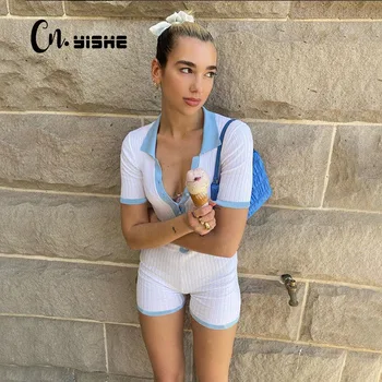 

CNYISHE 2020 Summer Casual Jumpsuits Women Rompers Fashion Button Slim Patchwork Sportswear Playsuits Female Sexy Fitness Romper