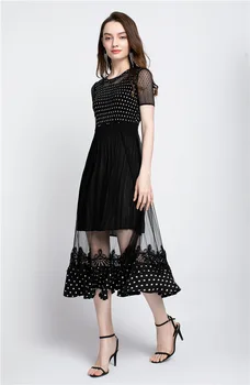 

Miyake Pleated Summer Short-sleeved Boutique Dress with Mesh Black Dots Pleats Dresses