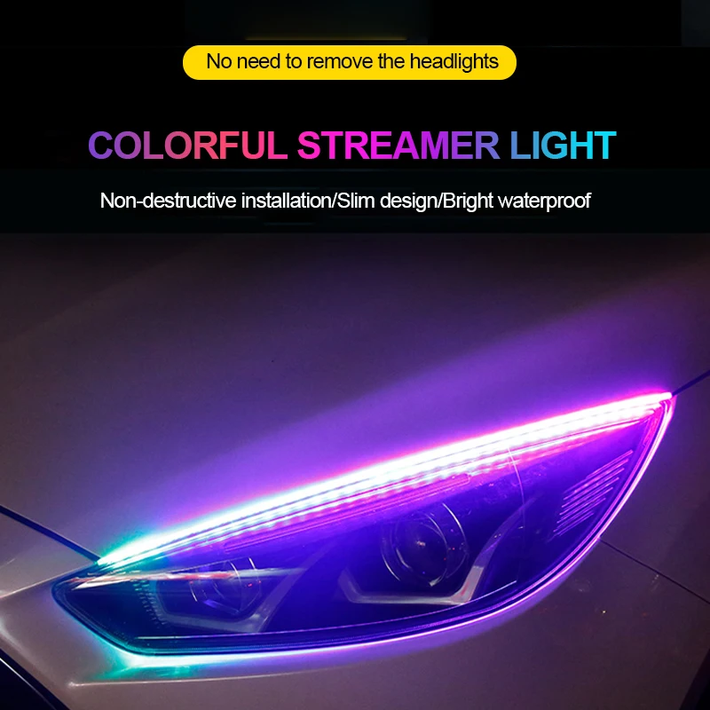 12 В Автомобильный светодиодный DRL дневные ходовые огни RGB Светодиодные полосы лампы фары плавный поворот желтый сигнал гибкий универсальный для автомобилей