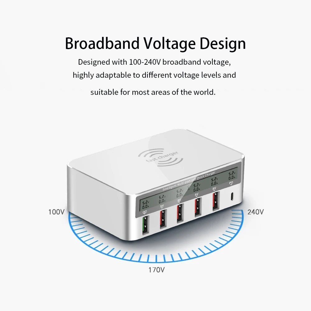 818 интеллектуальное многопортовое USB быстрое зарядное устройство адаптивный ЖК-дисплей Беспроводная Быстрая зарядка QC 3,0 type-C порт US Plug