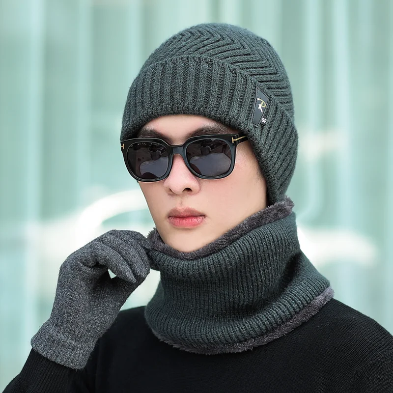 Winter Hat Set Scarf Glove 3 Pieces For Men And Women Outdoor Knitted Hat Warm Thicken Skullies Beanie Scarf Set