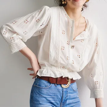 

2020 New Hollow Out Women Cotton Blouse Waist Slim Ladies single-breasted Shirt Casual French style Shirts and top
