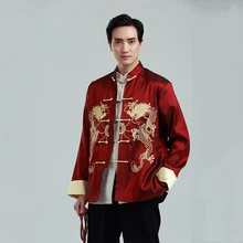 Для мужчин Традиционный китайский дракон, вышивка костюм Тан восточные футболки Топы рубашка Кунг-фу Свободная блуза мужская куртка ханьфу сценический костюм