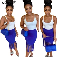 Новые однотонные кисточками по краю Высокая Талия облегающее платье с юбкой-карандаш миди юбки до колен Винтаж модные, пикантные пляжные уличная юбка S-3XL