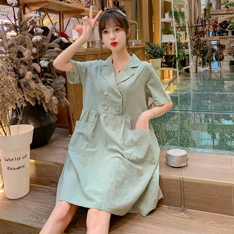 

Maternity Clothes Dress Summer 2019 New Style Loose-Fit Fashion Sweet Double Breasted Large Size Hipster Pregnant Women One Piec