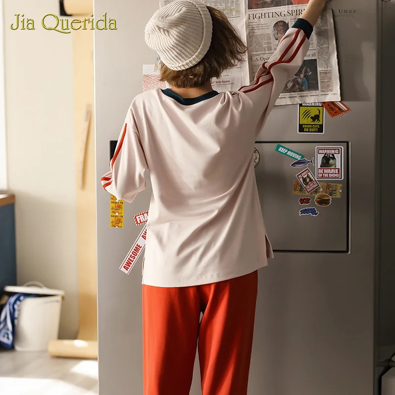 New Pyjamas Women Cartoon Printing Crew Neck Long Sleeve Long Pants Plus Size Homesuit Homeclothes Pajamas Set Loungewear Women