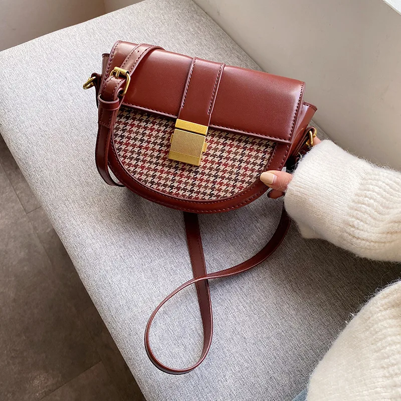 

Vintage Woolen Cloth Bag WOMEN'S Bag 2019 Autumn And Winter New Style Pu Plaid Saddle Bag Shoulder Bag Fashion Shoulder Bag
