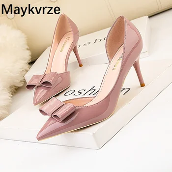 

Korean version Women's High Heels Fashion Fine heel leather Pointed Toe Hollow out Sexy was thin Bowknot Pumps women shoes