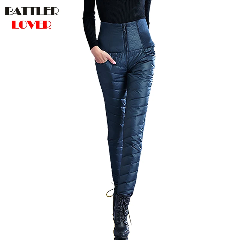 2019 Winter Warm Duck Down Pants Women Outwear Elastic High Waist Outside Working Wear Thicken Trousers Womens Mujer Down Pant