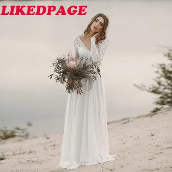 

Beach A Line Wedding Dresses V Neck Long Sleeves Deep Illusion V Back White/Ivory Lace Chiffon Bridal Gown Vestido De Novia 2020