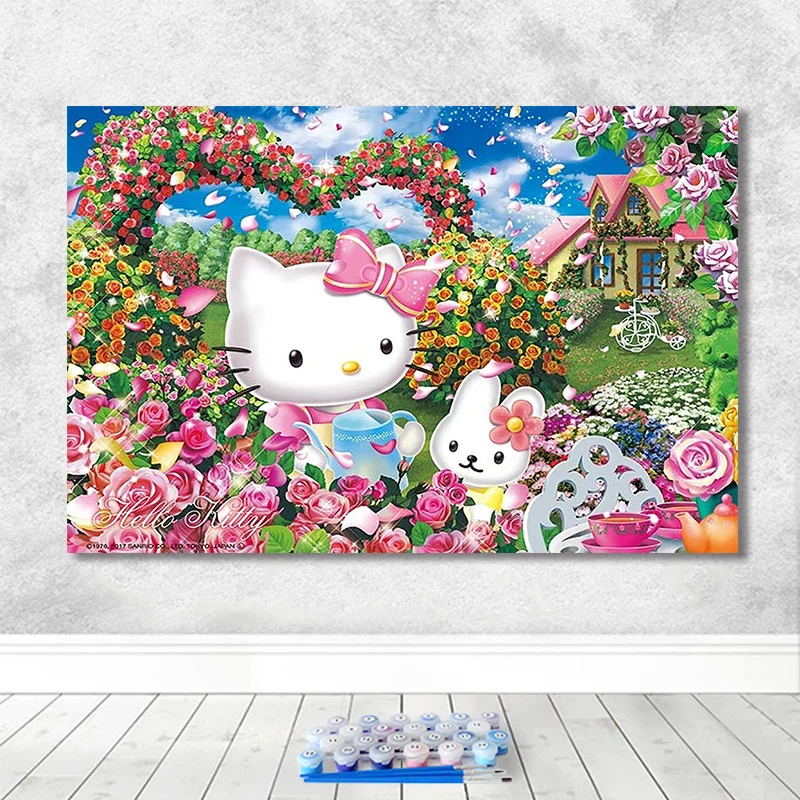 DIY цифровая картина с рисунком Hello Kitty, мультяшная кошка, мультяшная пейзажная живопись, анимация, произведение искусства, украшение для гостиной - Цвет: 21326