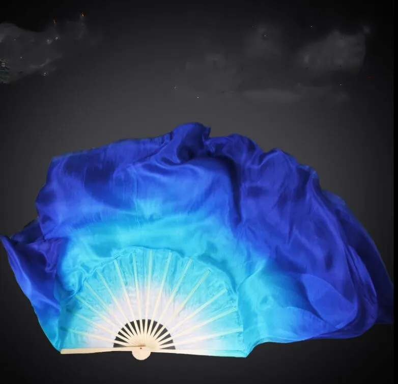 Профессиональный настоящий Шелковый веер вуаль пара(1л+ 1р) Китайский Шелковый веер живота танцевальный реквизит Белый Королевский синий градиент блесток Складной вентилятор