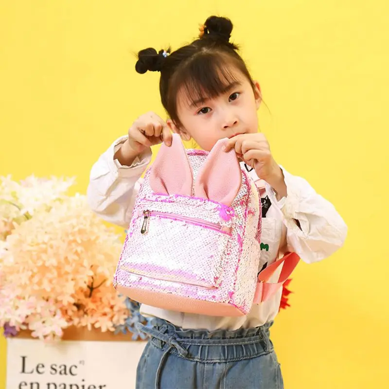 Мини милый двусторонние пайетки рюкзак с ушками модные школьные сумки-рюкзачки путешествия F42A